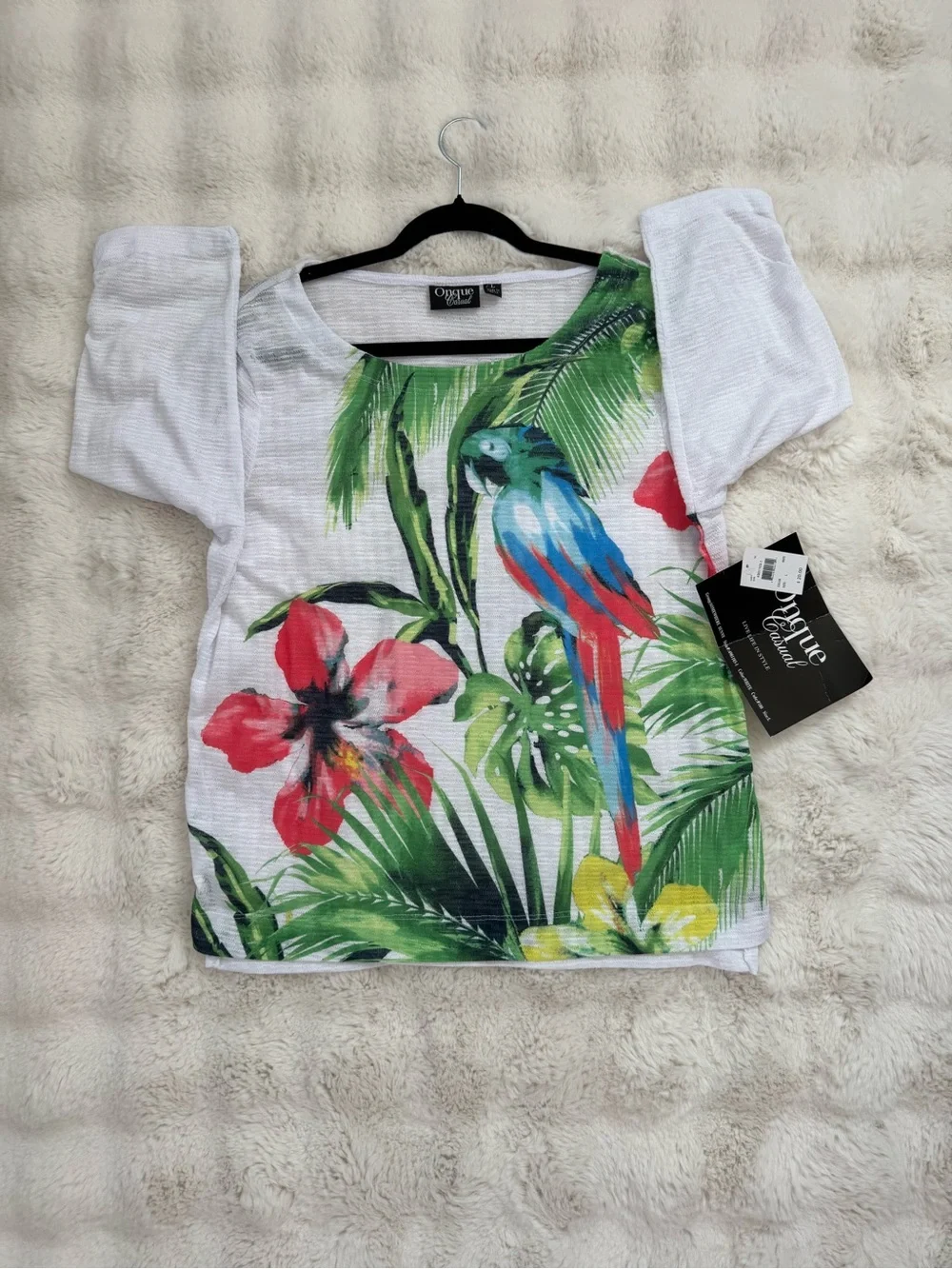 Onque Casuals White Top with Black Trim and Green Print - Picture 2 of 8